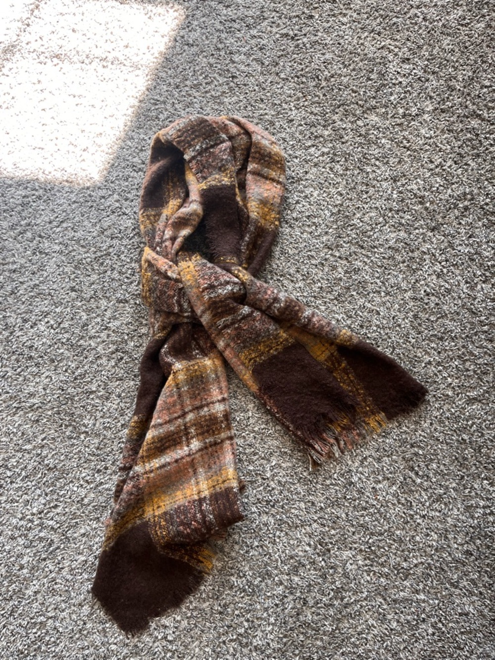 Cozy Plaid Scarf in Brown, Mustard & Rust